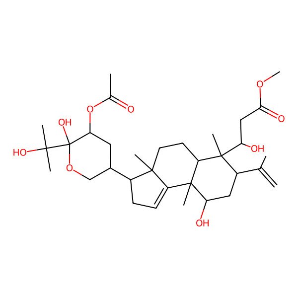 2D Structure of methyl (3S)-3-[(3S,3aS,5aR,6S,7S,9R,9aR)-3-[(3R,5R,6S)-5-acetyloxy-6-hydroxy-6-(2-hydroxypropan-2-yl)oxan-3-yl]-9-hydroxy-3a,6,9a-trimethyl-7-prop-1-en-2-yl-2,3,4,5,5a,7,8,9-octahydrocyclopenta[a]naphthalen-6-yl]-3-hydroxypropanoate