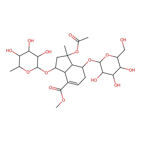 2D Structure of methyl (1S,3R,3aS,7R,7aR)-1-acetyloxy-1-methyl-7-[(2R,3R,4S,5S,6R)-3,4,5-trihydroxy-6-(hydroxymethyl)oxan-2-yl]oxy-3-[(2R,3R,4R,5R,6S)-3,4,5-trihydroxy-6-methyloxan-2-yl]oxy-2,3,3a,6,7,7a-hexahydroindene-4-carboxylate