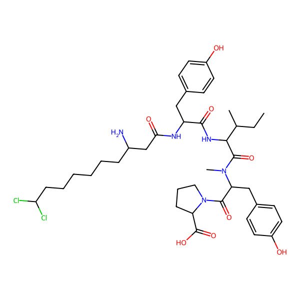 2D Structure of (2S)-1-[(2S)-2-[[(2S,3S)-2-[[(2S)-2-[[(3R)-3-amino-10,10-dichlorodecanoyl]amino]-3-(4-hydroxyphenyl)propanoyl]amino]-3-methylpentanoyl]-methylamino]-3-(4-hydroxyphenyl)propanoyl]pyrrolidine-2-carboxylic acid