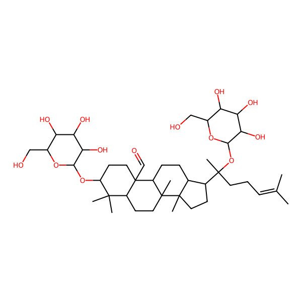 2D Structure of 4,4,8,14-tetramethyl-17-[6-methyl-2-[3,4,5-trihydroxy-6-(hydroxymethyl)oxan-2-yl]oxyhept-5-en-2-yl]-3-[3,4,5-trihydroxy-6-(hydroxymethyl)oxan-2-yl]oxy-2,3,5,6,7,9,11,12,13,15,16,17-dodecahydro-1H-cyclopenta[a]phenanthrene-10-carbaldehyde