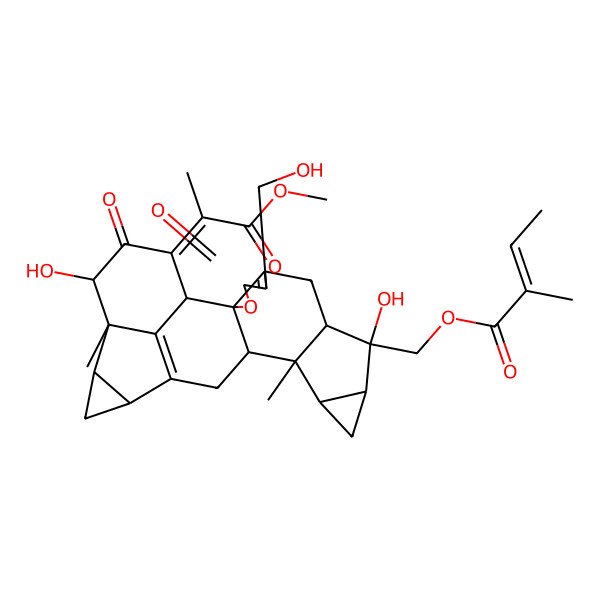 2D Structure of [(1R,2S,8R,9S,10S,12R,13S,14S,17S,19R,20S,21R)-9,21-dihydroxy-5-(hydroxymethyl)-23-(1-methoxy-1-oxopropan-2-ylidene)-13,20-dimethyl-4,22-dioxo-3-oxaoctacyclo[14.7.1.02,6.02,14.08,13.010,12.017,19.020,24]tetracosa-5,16(24)-dien-9-yl]methyl (E)-2-methylbut-2-enoate