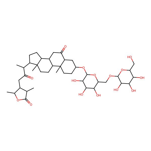 2D Structure of 4-[3-[10,13-Dimethyl-6-oxo-3-[3,4,5-trihydroxy-6-[[3,4,5-trihydroxy-6-(hydroxymethyl)oxan-2-yl]oxymethyl]oxan-2-yl]oxy-1,2,3,4,5,7,8,9,11,12,14,15,16,17-tetradecahydrocyclopenta[a]phenanthren-17-yl]-2-oxobutyl]-3,5-dimethyloxolan-2-one