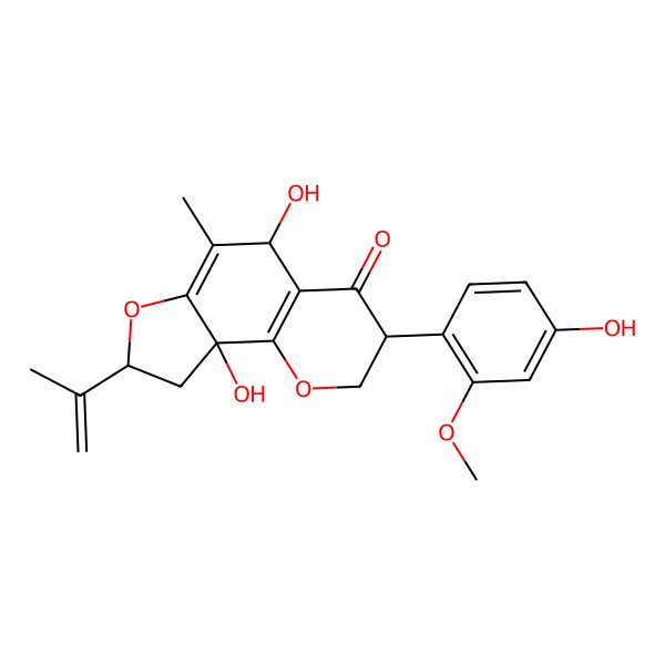 2D Structure of 5,9a-dihydroxy-3-(4-hydroxy-2-methoxyphenyl)-6-methyl-8-prop-1-en-2-yl-3,5,8,9-tetrahydro-2H-furo[2,3-h]chromen-4-one