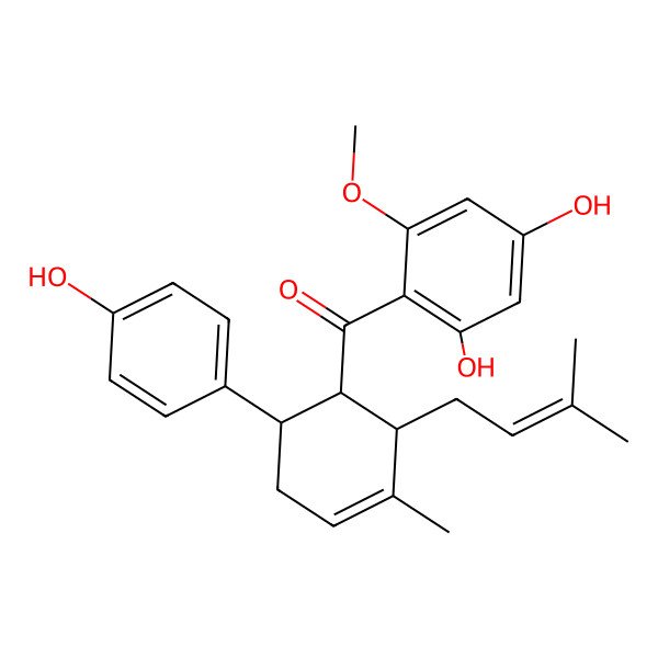 2D Structure of (2,4-Dihydroxy-6-methoxyphenyl)-[6-(4-hydroxyphenyl)-3-methyl-2-(3-methylbut-2-enyl)cyclohex-3-en-1-yl]methanone