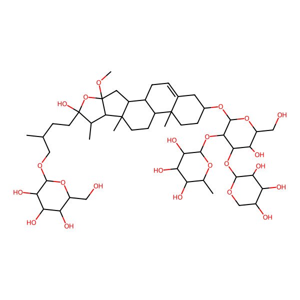 2D Structure of (2S,3R,4R,5R,6S)-2-[(2R,3R,4S,5S,6R)-5-hydroxy-2-[[(1S,2S,4S,6S,7S,8R,9S,12S,13R,16S)-6-hydroxy-4-methoxy-7,9,13-trimethyl-6-[(3R)-3-methyl-4-[(2R,3R,4S,5S,6R)-3,4,5-trihydroxy-6-(hydroxymethyl)oxan-2-yl]oxybutyl]-5-oxapentacyclo[10.8.0.02,9.04,8.013,18]icos-18-en-16-yl]oxy]-6-(hydroxymethyl)-4-[(2S,3R,4S,5R)-3,4,5-trihydroxyoxan-2-yl]oxyoxan-3-yl]oxy-6-methyloxane-3,4,5-triol