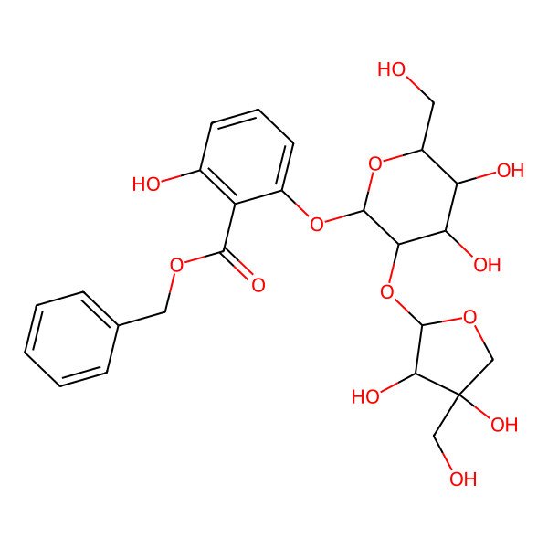 2D Structure of benzyl 2-[(2S,3R,4S,5S,6R)-3-[(2S,3R,4R)-3,4-dihydroxy-4-(hydroxymethyl)oxolan-2-yl]oxy-4,5-dihydroxy-6-(hydroxymethyl)oxan-2-yl]oxy-6-hydroxybenzoate