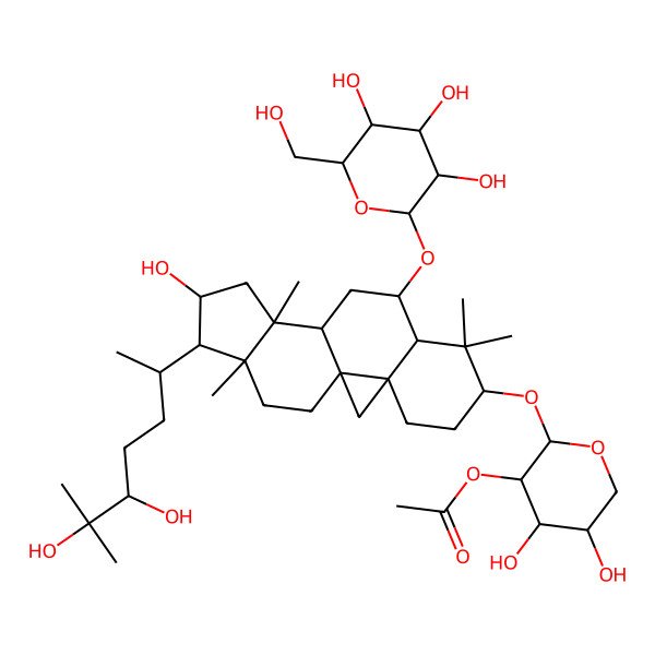 2D Structure of [(2S,3R,4S,5R)-2-[[(1S,3R,6S,8R,9S,11S,12S,14S,15R,16R)-15-[(2R,5S)-5,6-dihydroxy-6-methylheptan-2-yl]-14-hydroxy-7,7,12,16-tetramethyl-9-[(2R,3R,4S,5S,6R)-3,4,5-trihydroxy-6-(hydroxymethyl)oxan-2-yl]oxy-6-pentacyclo[9.7.0.01,3.03,8.012,16]octadecanyl]oxy]-4,5-dihydroxyoxan-3-yl] acetate