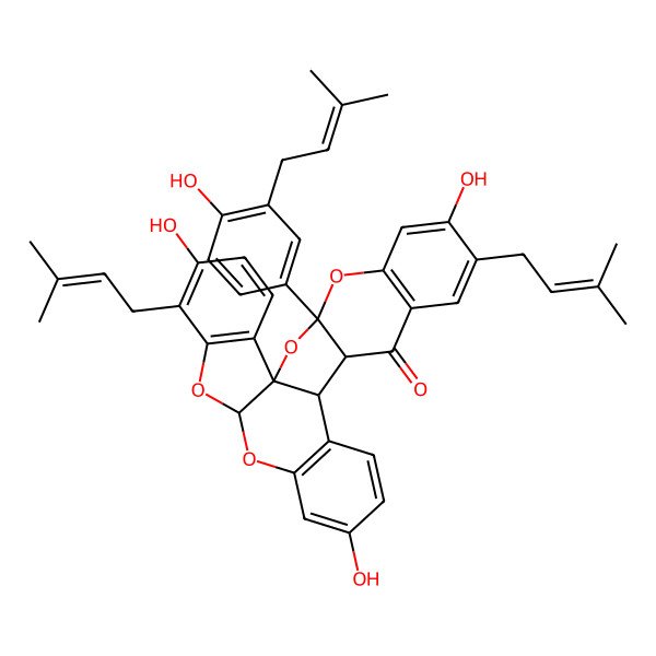 2D Structure of 5,13,23-Trihydroxy-27-[4-hydroxy-3-(3-methylbut-2-enyl)phenyl]-6,22-bis(3-methylbut-2-enyl)-8,10,26,28-tetraoxaheptacyclo[15.11.0.01,9.02,7.011,16.018,27.020,25]octacosa-2(7),3,5,11(16),12,14,20(25),21,23-nonaen-19-one