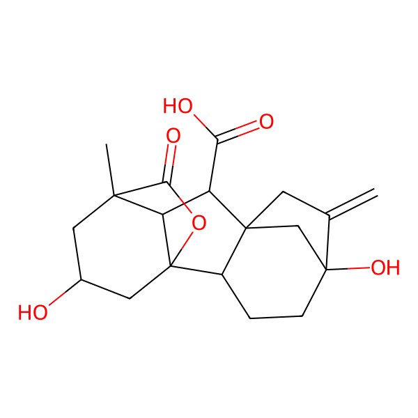 2D Structure of (1R,2R,5S,9S,10R,11R,13R)-5,13-dihydroxy-11-methyl-6-methylidene-16-oxo-15-oxapentacyclo[9.3.2.15,8.01,10.02,8]heptadecane-9-carboxylic acid