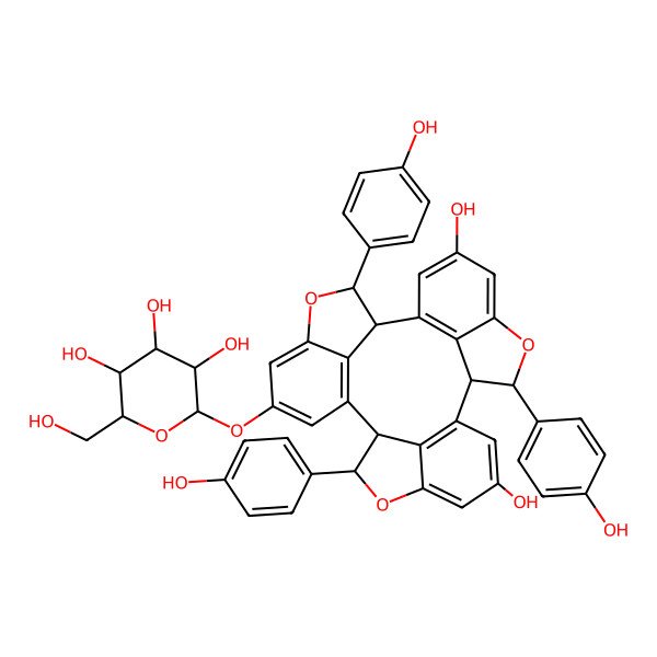 2D Structure of (2S,3R,4S,5R,6R)-2-[[(2R,3R,10R,11R,18S,19S)-15,23-dihydroxy-3,11,19-tris(4-hydroxyphenyl)-4,12,20-trioxaheptacyclo[16.6.1.12,5.110,13.021,25.09,27.017,26]heptacosa-1(25),5,7,9(27),13,15,17(26),21,23-nonaen-7-yl]oxy]-6-(hydroxymethyl)oxane-3,4,5-triol