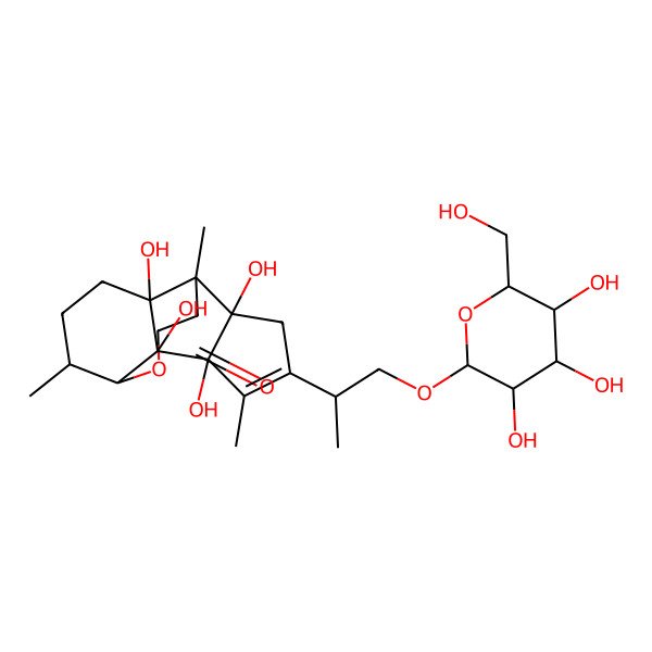 2D Structure of (1R,5R,6S,9S,10R,11R,15R)-9,10,11,15-tetrahydroxy-1,6,12-trimethyl-13-[(2S)-1-[(2R,3R,4S,5S,6R)-3,4,5-trihydroxy-6-(hydroxymethyl)oxan-2-yl]oxypropan-2-yl]-4-oxatetracyclo[7.6.0.05,10.011,15]pentadec-12-en-3-one