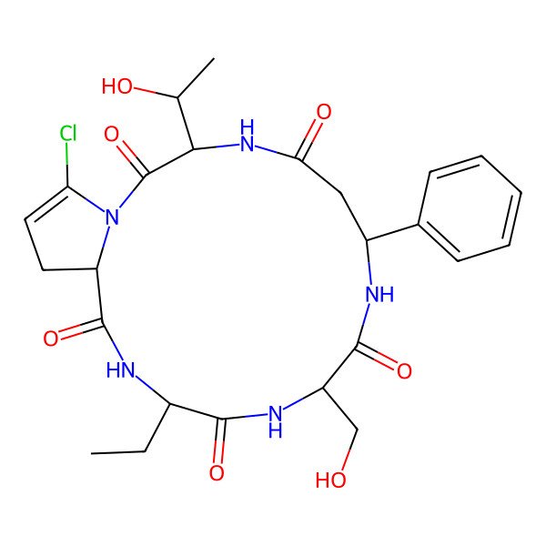 2D Structure of (3S,7R,10S,13S,16S)-19-chloro-13-ethyl-3-[(1S)-1-hydroxyethyl]-10-(hydroxymethyl)-7-phenyl-1,4,8,11,14-pentazabicyclo[14.3.0]nonadec-18-ene-2,5,9,12,15-pentone