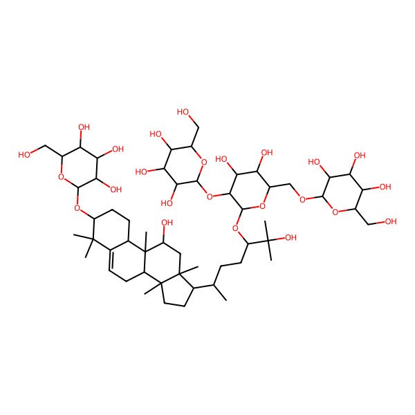 2D Structure of 2-[[3,4-dihydroxy-6-[2-hydroxy-6-[(8S,9R,10S,13R,14S)-11-hydroxy-4,4,9,13,14-pentamethyl-3-[3,4,5-trihydroxy-6-(hydroxymethyl)oxan-2-yl]oxy-2,3,7,8,10,11,12,15,16,17-decahydro-1H-cyclopenta[a]phenanthren-17-yl]-2-methylheptan-3-yl]oxy-5-[3,4,5-trihydroxy-6-(hydroxymethyl)oxan-2-yl]oxyoxan-2-yl]methoxy]-6-(hydroxymethyl)oxane-3,4,5-triol