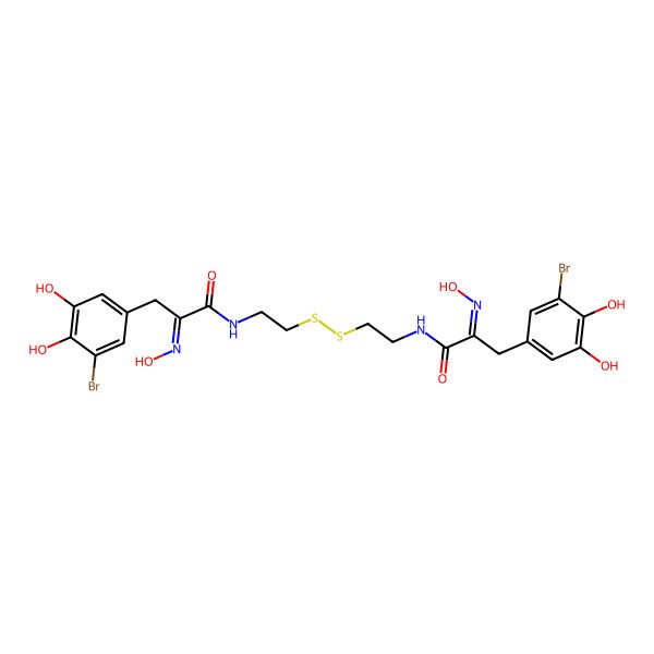 2D Structure of 3-(3-bromo-4,5-dihydroxyphenyl)-N-[2-[2-[[3-(3-bromo-4,5-dihydroxyphenyl)-2-hydroxyiminopropanoyl]amino]ethyldisulfanyl]ethyl]-2-hydroxyiminopropanamide