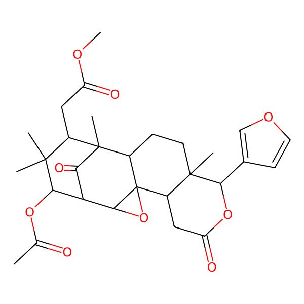 2D Structure of methyl 2-[(1S,2R,4R,5R,9R,10R,13R,14R,15S,17R)-17-acetyloxy-9-(furan-3-yl)-10,14,16,16-tetramethyl-7,18-dioxo-3,8-dioxapentacyclo[12.3.1.02,4.04,13.05,10]octadecan-15-yl]acetate