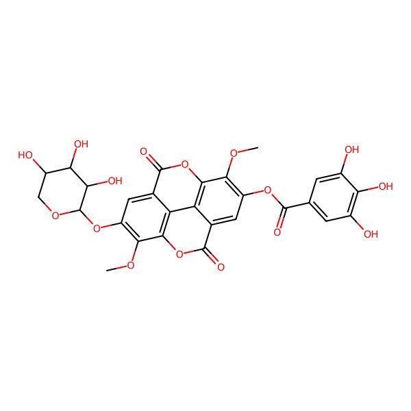 2D Structure of [7,14-dimethoxy-3,10-dioxo-13-[(2S,3R,4S,5R)-3,4,5-trihydroxyoxan-2-yl]oxy-2,9-dioxatetracyclo[6.6.2.04,16.011,15]hexadeca-1(15),4,6,8(16),11,13-hexaen-6-yl] 3,4,5-trihydroxybenzoate