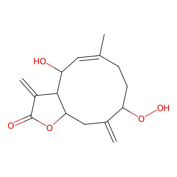 2D Structure of (3aS,4R,5E,9S,11aS)-9-hydroperoxy-4-hydroxy-6-methyl-3,10-dimethylidene-4,7,8,9,11,11a-hexahydro-3aH-cyclodeca[b]furan-2-one