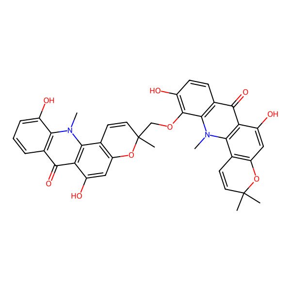 2D Structure of 11-[[(3R)-6,11-dihydroxy-3,12-dimethyl-7-oxopyrano[2,3-c]acridin-3-yl]methoxy]-6,10-dihydroxy-3,3,12-trimethylpyrano[2,3-c]acridin-7-one