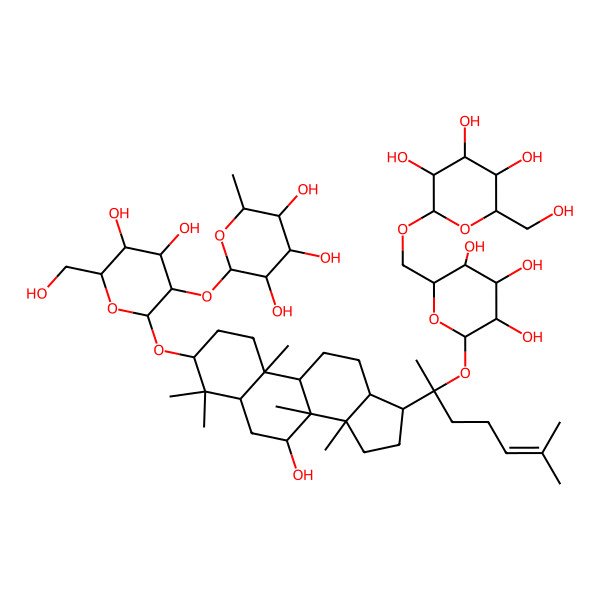 2D Structure of 2-[4,5-dihydroxy-6-(hydroxymethyl)-2-[[7-hydroxy-4,4,8,10,14-pentamethyl-17-[6-methyl-2-[3,4,5-trihydroxy-6-[[3,4,5-trihydroxy-6-(hydroxymethyl)oxan-2-yl]oxymethyl]oxan-2-yl]oxyhept-5-en-2-yl]-2,3,5,6,7,9,11,12,13,15,16,17-dodecahydro-1H-cyclopenta[a]phenanthren-3-yl]oxy]oxan-3-yl]oxy-6-methyloxane-3,4,5-triol