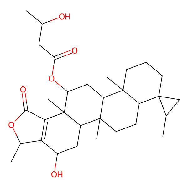 2D Structure of [(2'S,3R,4R,5aS,5bR,7aR,8S,11aR,11bR,13S,13aS)-4-hydroxy-2',3,5b,11a,13a-pentamethyl-1-oxospiro[4,5,5a,6,7,7a,9,10,11,11b,12,13-dodecahydro-3H-phenanthro[2,1-e][2]benzofuran-8,1'-cyclopropane]-13-yl] 3-hydroxybutanoate