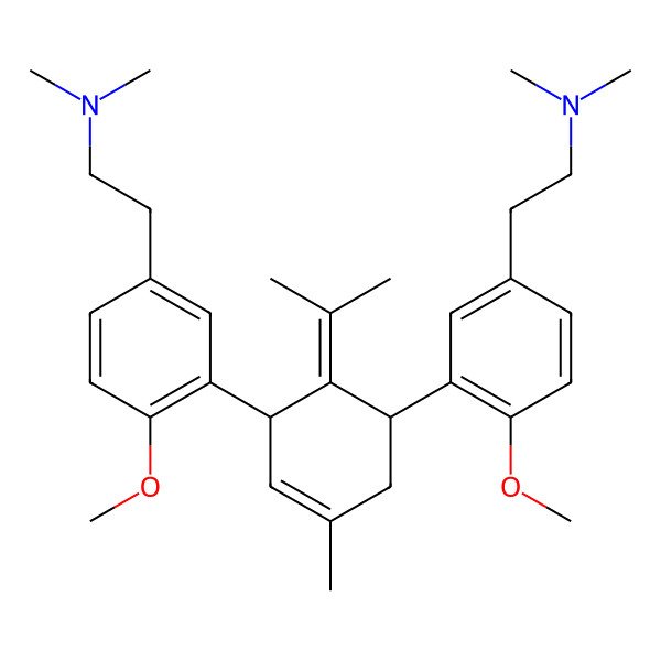 2D Structure of 2-[3-[(1R,5R)-5-[5-[2-(dimethylamino)ethyl]-2-methoxyphenyl]-3-methyl-6-propan-2-ylidenecyclohex-3-en-1-yl]-4-methoxyphenyl]-N,N-dimethylethanamine