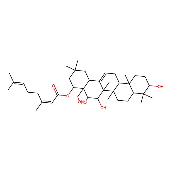 2D Structure of [(4S,4aR,5S,6R,6aR,6aS,6bR,8aR,10S,12aR,14bS)-5,6,10-trihydroxy-4a-(hydroxymethyl)-2,2,6a,6b,9,9,12a-heptamethyl-1,3,4,5,6,6a,7,8,8a,10,11,12,13,14b-tetradecahydropicen-4-yl] (2Z)-3,7-dimethylocta-2,6-dienoate