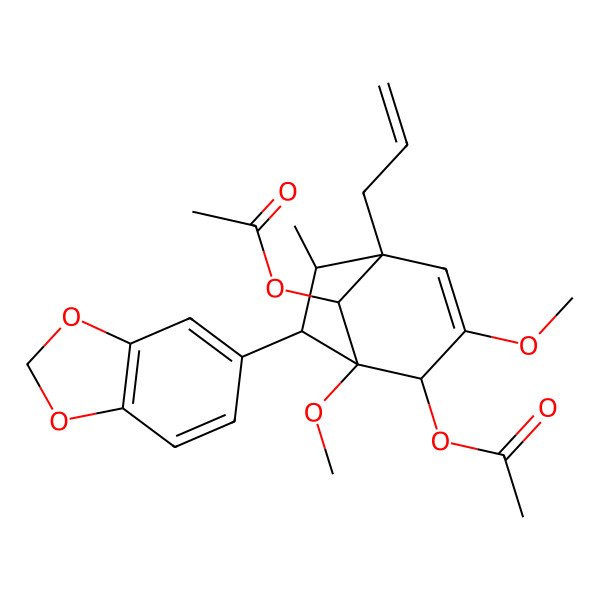 2D Structure of [(1S,2R,5R,6S,7R)-8-acetyloxy-7-(1,3-benzodioxol-5-yl)-1,3-dimethoxy-6-methyl-5-prop-2-enyl-2-bicyclo[3.2.1]oct-3-enyl] acetate