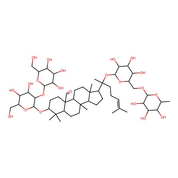 2D Structure of (3S,5S,8S,9S,10S,13S,14S,17S)-3-[(2R,3R,4S,5S,6R)-4,5-dihydroxy-6-(hydroxymethyl)-3-[(2S,3R,4S,5S,6R)-3,4,5-trihydroxy-6-(hydroxymethyl)oxan-2-yl]oxyoxan-2-yl]oxy-4,4,8,13-tetramethyl-17-[(2S)-6-methyl-2-[(2S,3R,4S,5S,6R)-3,4,5-trihydroxy-6-[[(2R,3R,4R,5R,6S)-3,4,5-trihydroxy-6-methyloxan-2-yl]oxymethyl]oxan-2-yl]oxyhept-5-en-2-yl]-2,3,5,6,7,9,11,12,14,15,16,17-dodecahydro-1H-cyclopenta[a]phenanthrene-10-carbaldehyde