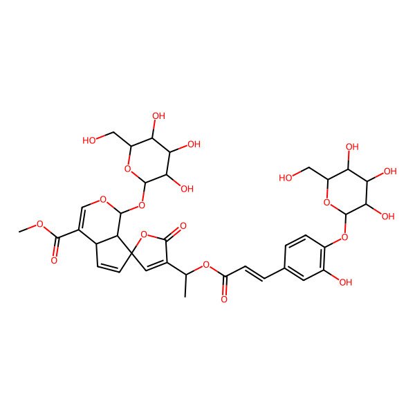 2D Structure of methyl 4'-[1-[3-[3-hydroxy-4-[3,4,5-trihydroxy-6-(hydroxymethyl)oxan-2-yl]oxyphenyl]prop-2-enoyloxy]ethyl]-5'-oxo-1-[3,4,5-trihydroxy-6-(hydroxymethyl)oxan-2-yl]oxyspiro[4a,7a-dihydro-1H-cyclopenta[c]pyran-7,2'-furan]-4-carboxylate