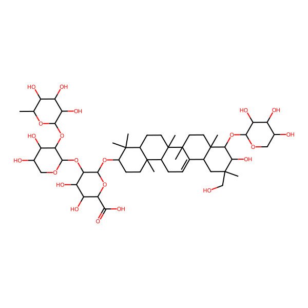 2D Structure of 5-[4,5-Dihydroxy-3-(3,4,5-trihydroxy-6-methyloxan-2-yl)oxyoxan-2-yl]oxy-3,4-dihydroxy-6-[[10-hydroxy-11-(hydroxymethyl)-4,4,6a,6b,8a,11,14b-heptamethyl-9-(3,4,5-trihydroxyoxan-2-yl)oxy-1,2,3,4a,5,6,7,8,9,10,12,12a,14,14a-tetradecahydropicen-3-yl]oxy]oxane-2-carboxylic acid