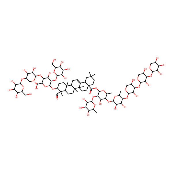 2D Structure of (2S,3S,4S,5R,6R)-6-[[(3S,4S,4aR,6aR,6bS,8aS,12aS,14aR,14bR)-8a-[(2S,3R,4S,5R,6R)-5-[(2S,3R,4S,5R,6S)-5-[(2S,3R,4S,5R)-4-[(2S,3R,4S,5R)-3,5-dihydroxy-4-[(2S,3R,4S,5R)-3,4,5-trihydroxyoxan-2-yl]oxyoxan-2-yl]oxy-3,5-dihydroxyoxan-2-yl]oxy-3,4-dihydroxy-6-methyloxan-2-yl]oxy-4-hydroxy-6-methyl-3-[(2S,3R,4R,5R,6S)-3,4,5-trihydroxy-6-methyloxan-2-yl]oxyoxan-2-yl]oxycarbonyl-4-formyl-4,6a,6b,11,11,14b-hexamethyl-1,2,3,4a,5,6,7,8,9,10,12,12a,14,14a-tetradecahydropicen-3-yl]oxy]-3-[(2S,3R,4R,5S)-3,4-dihydroxy-5-[(2S,3R,4S,5R,6R)-3,4,5-trihydroxy-6-(hydroxymethyl)oxan-2-yl]oxyoxan-2-yl]oxy-4-hydroxy-5-[(2S,3R,4S,5R,6R)-3,4,5-trihydroxy-6-(hydroxymethyl)oxan-2-yl]oxyoxane-2-carboxylic acid