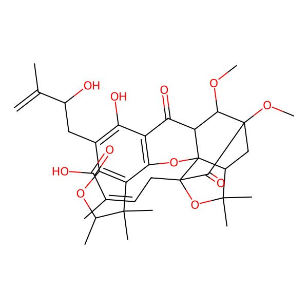 2D Structure of 4-[11-Hydroxy-10-(2-hydroxy-3-methylbut-3-enyl)-15,16-dimethoxy-6,6,7,20,20-pentamethyl-13,17-dioxo-3,8,19-trioxahexacyclo[14.4.1.02,14.02,18.04,12.05,9]henicosa-4(12),5(9),10-trien-18-yl]-2-methylbut-2-enoic acid