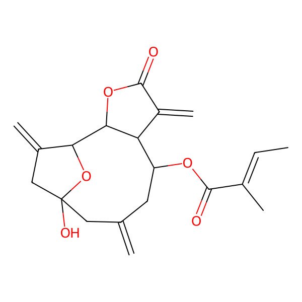 2D Structure of (11-Hydroxy-5,9,13-trimethylidene-4-oxo-3,14-dioxatricyclo[9.2.1.02,6]tetradecan-7-yl) 2-methylbut-2-enoate