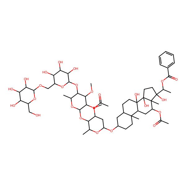 2D Structure of [(1S)-1-[(3S,5S,8S,9R,10S,12R,13R,14R,17S)-12-acetyloxy-3-[(2R,4S,5R,6R)-5-[(2S,3R,4S,5R,6R)-3-acetyloxy-4-methoxy-6-methyl-5-[(2S,3R,4S,5S,6R)-3,4,5-trihydroxy-6-[[(2R,3R,4S,5S,6R)-3,4,5-trihydroxy-6-(hydroxymethyl)oxan-2-yl]oxymethyl]oxan-2-yl]oxyoxan-2-yl]oxy-4-methoxy-6-methyloxan-2-yl]oxy-8,14,17-trihydroxy-10,13-dimethyl-1,2,3,4,5,6,7,9,11,12,15,16-dodecahydrocyclopenta[a]phenanthren-17-yl]ethyl] benzoate