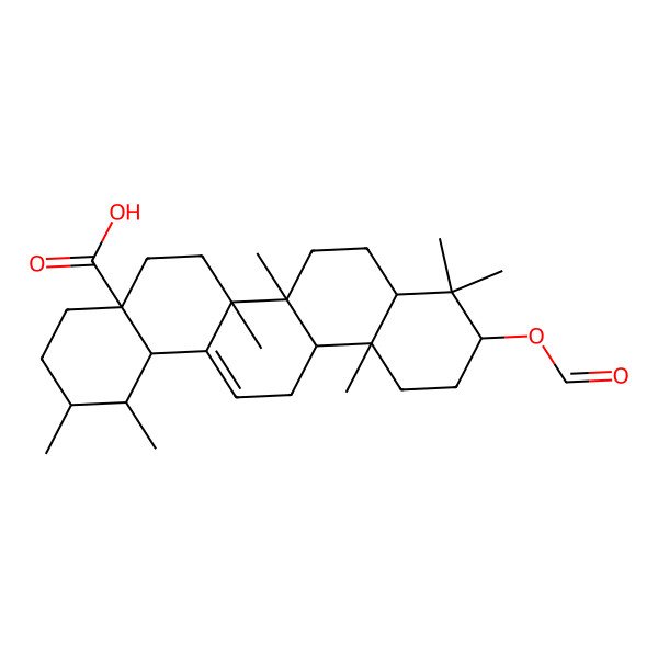 2D Structure of 10-formyloxy-1,2,6a,6b,9,9,12a-heptamethyl-2,3,4,5,6,6a,7,8,8a,10,11,12,13,14b-tetradecahydro-1H-picene-4a-carboxylic acid