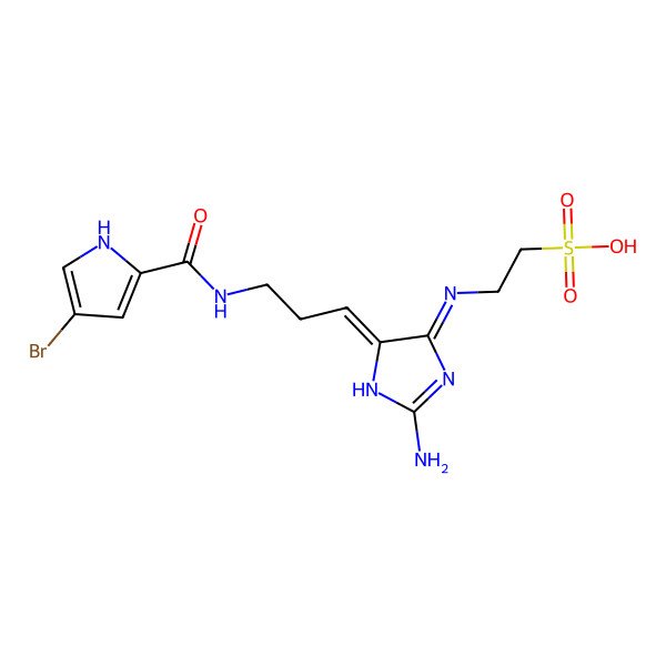 2D Structure of 2-[[2-amino-5-[3-[(4-bromo-1H-pyrrole-2-carbonyl)amino]propylidene]-1H-imidazol-4-ylidene]amino]ethanesulfonic acid