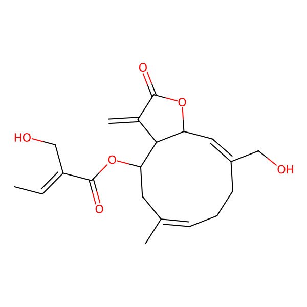 2D Structure of [(3aR,4S,6E,10Z,11aR)-10-(hydroxymethyl)-6-methyl-3-methylidene-2-oxo-3a,4,5,8,9,11a-hexahydrocyclodeca[b]furan-4-yl] (E)-2-(hydroxymethyl)but-2-enoate