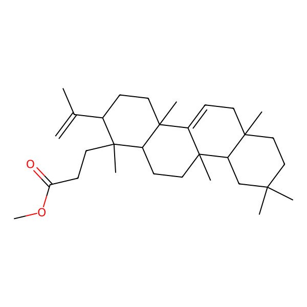 2D Structure of methyl 3-[(1S,2S,4aR,6aR,10aS,10bS,12aR)-1,4a,6a,9,9,10b-hexamethyl-2-prop-1-en-2-yl-3,4,6,7,8,10,10a,11,12,12a-decahydro-2H-chrysen-1-yl]propanoate