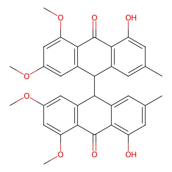 2D Structure of (10R)-1-hydroxy-10-[(9S)-5-hydroxy-2,4-dimethoxy-7-methyl-10-oxo-9H-anthracen-9-yl]-6,8-dimethoxy-3-methyl-10H-anthracen-9-one