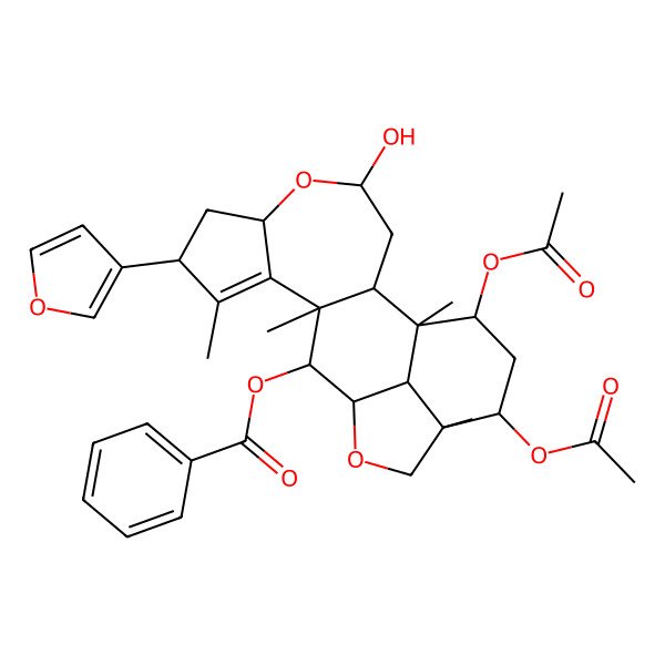 2D Structure of [17,19-Diacetyloxy-8-(furan-3-yl)-4-hydroxy-1,9,11,16-tetramethyl-5,14-dioxapentacyclo[11.6.1.02,11.06,10.016,20]icos-9-en-12-yl] benzoate
