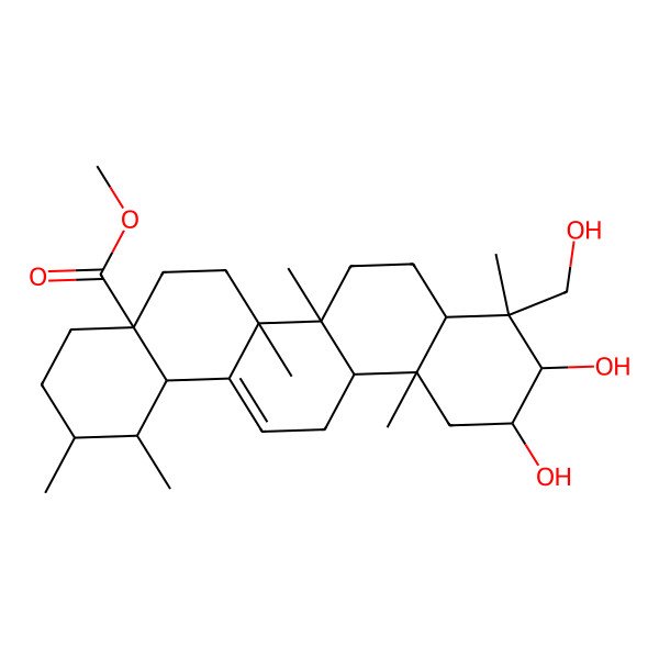 2D Structure of methyl (1S,2R,4aS,6aR,6aS,6bR,8aR,9S,10S,11R,12aR,14bS)-10,11-dihydroxy-9-(hydroxymethyl)-1,2,6a,6b,9,12a-hexamethyl-2,3,4,5,6,6a,7,8,8a,10,11,12,13,14b-tetradecahydro-1H-picene-4a-carboxylate