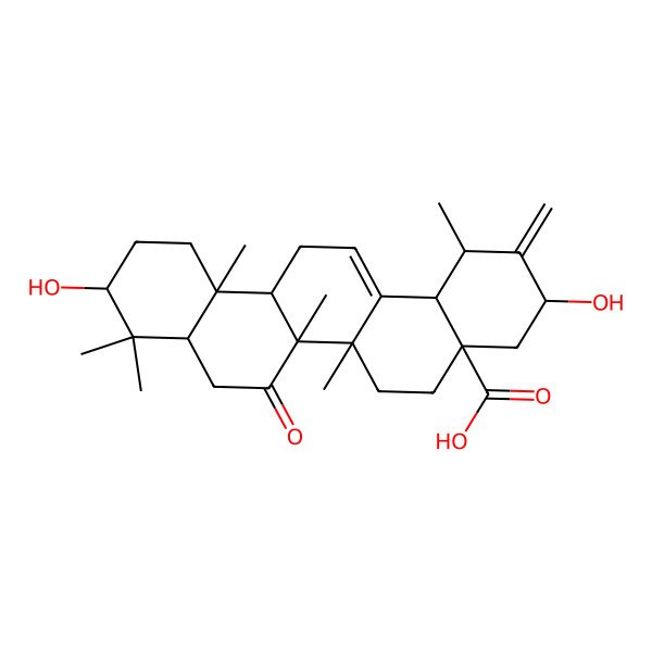 2D Structure of (1S,3S,4aR,6aR,6aR,6bR,8aR,10S,12aS,14bS)-3,10-dihydroxy-1,6a,6b,9,9,12a-hexamethyl-2-methylidene-7-oxo-3,4,5,6,6a,8,8a,10,11,12,13,14b-dodecahydro-1H-picene-4a-carboxylic acid