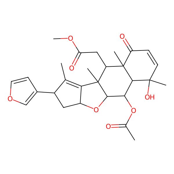 2D Structure of Methyl 2-[2-acetyloxy-13-(furan-3-yl)-4-hydroxy-4,8,10,12-tetramethyl-7-oxo-16-oxatetracyclo[8.6.0.03,8.011,15]hexadeca-5,11-dien-9-yl]acetate