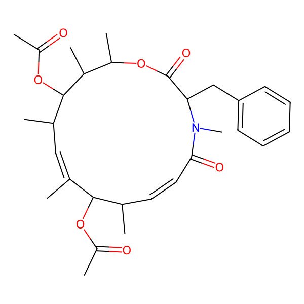 2D Structure of (9-Acetyloxy-3-benzyl-4,8,10,12,14,15-hexamethyl-2,5-dioxo-1-oxa-4-azacyclopentadeca-6,10-dien-13-yl) acetate