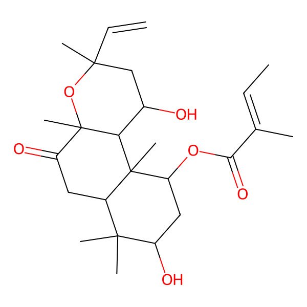 2D Structure of (3-Ethenyl-1,8-dihydroxy-3,4a,7,7,10a-pentamethyl-5-oxo-1,2,6,6a,8,9,10,10b-octahydrobenzo[f]chromen-10-yl) 2-methylbut-2-enoate