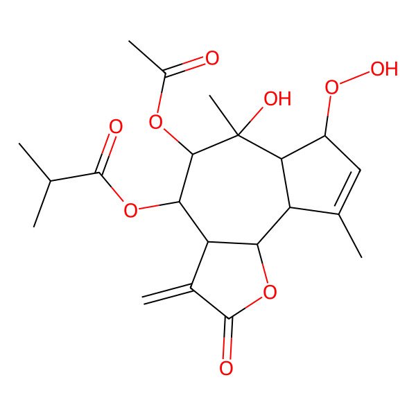 2D Structure of (5-acetyloxy-7-hydroperoxy-6-hydroxy-6,9-dimethyl-3-methylidene-2-oxo-4,5,6a,7,9a,9b-hexahydro-3aH-azuleno[4,5-b]furan-4-yl) 2-methylpropanoate