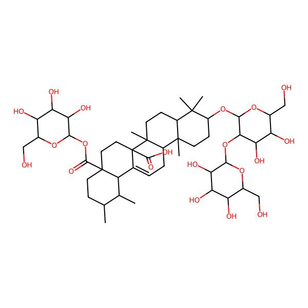 2D Structure of 10-[4,5-dihydroxy-6-(hydroxymethyl)-3-[3,4,5-trihydroxy-6-(hydroxymethyl)oxan-2-yl]oxyoxan-2-yl]oxy-1,2,6b,9,9,12a-hexamethyl-4a-[3,4,5-trihydroxy-6-(hydroxymethyl)oxan-2-yl]oxycarbonyl-2,3,4,5,6,6a,7,8,8a,10,11,12,13,14b-tetradecahydro-1H-picene-6a-carboxylic acid