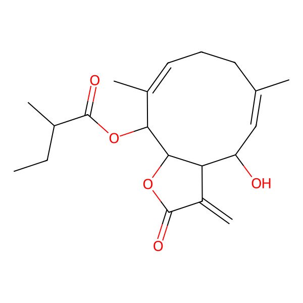 2D Structure of [(3aS,4R,5E,9E,11S,11aR)-4-hydroxy-6,10-dimethyl-3-methylidene-2-oxo-3a,4,7,8,11,11a-hexahydrocyclodeca[b]furan-11-yl] (2R)-2-methylbutanoate