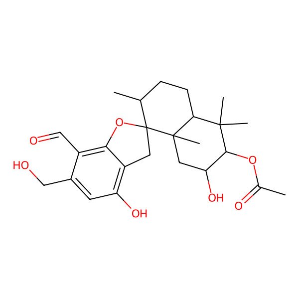 2D Structure of NCGC00380762-01_C25H34O7_7-Formyl-4,7'-dihydroxy-6-(hydroxymethyl)-2',5',5',8a'-tetramethyl-3',4',4a',5',6',7',8',8a'-octahydro-2'H,3H-spiro[1-benzofuran-2,1'-naphthalen]-6'-yl acetate