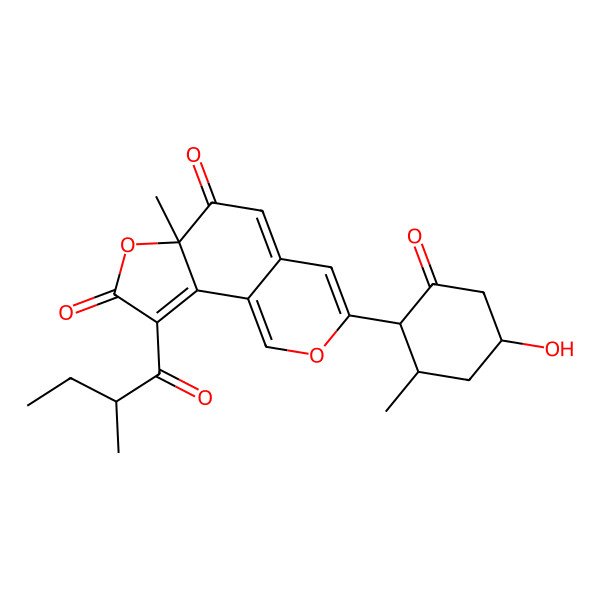 2D Structure of (6aS)-3-[(1S,2R,4S)-4-hydroxy-2-methyl-6-oxocyclohexyl]-6a-methyl-9-[(2R)-2-methylbutanoyl]furo[2,3-h]isochromene-6,8-dione